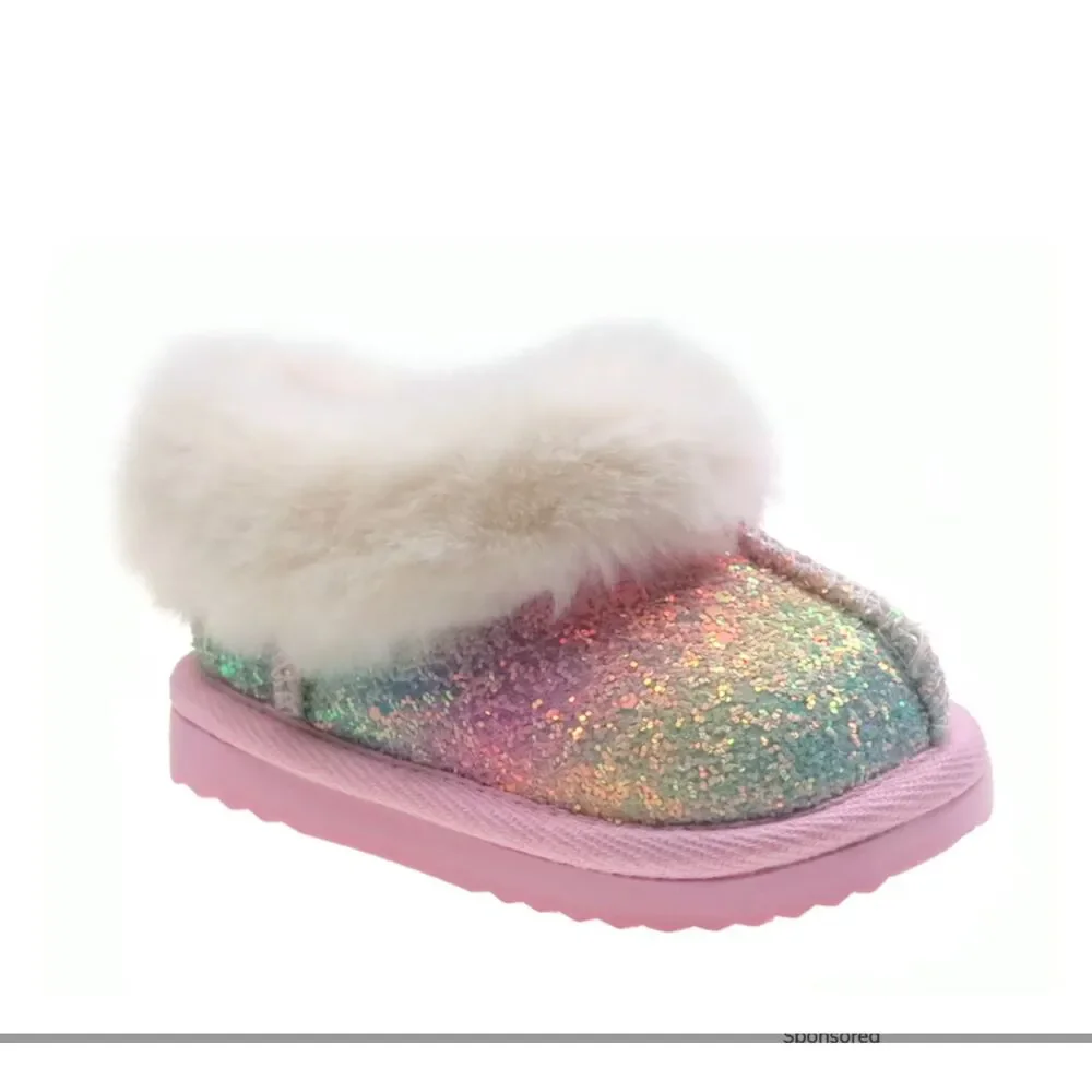 Wonder Nation Baby Girls Faux Fur Trim Multi Glitter Slippers